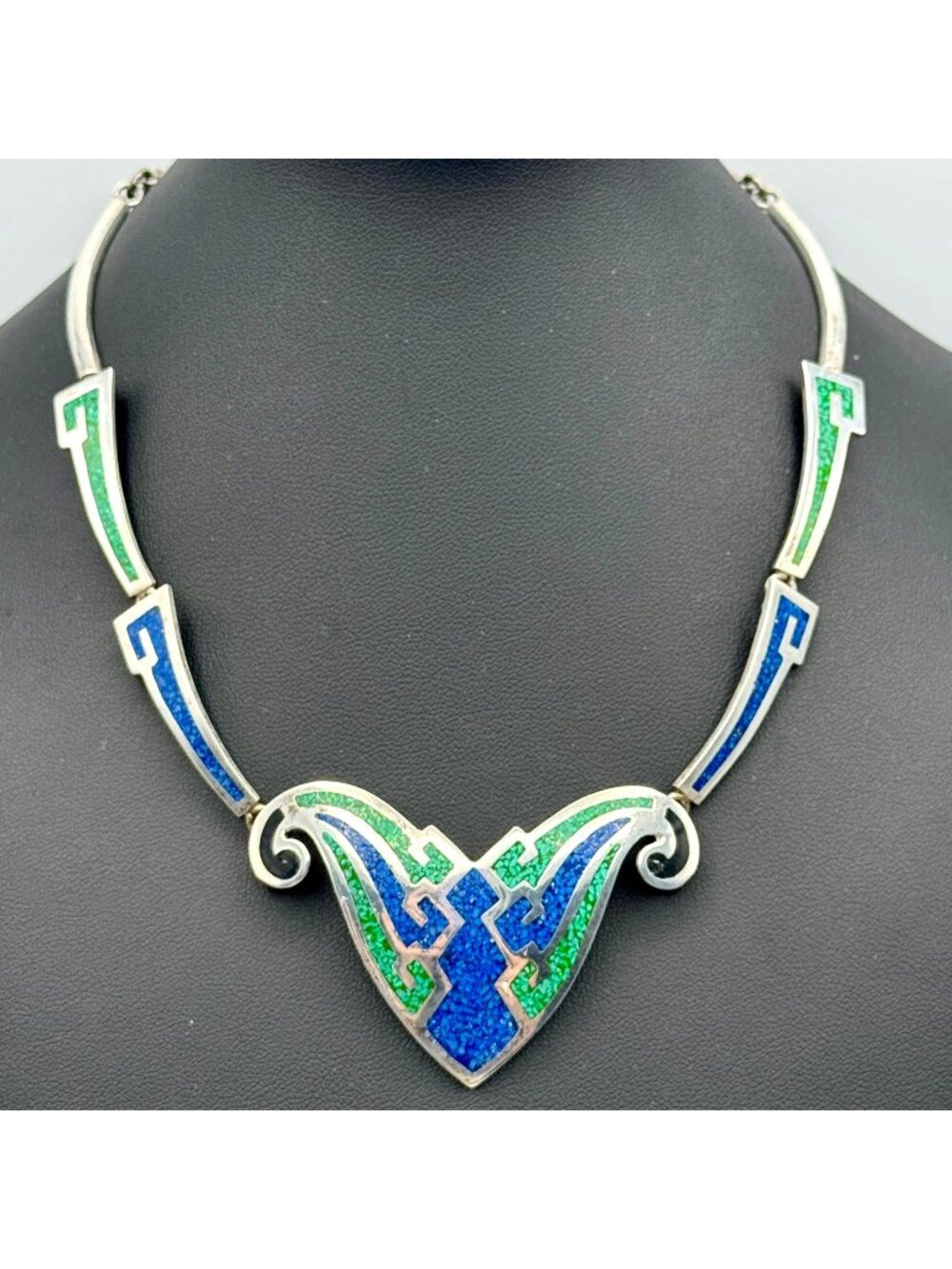 Vintage Taxco Butterfly Necklace Blue Green 925 Art Deco Statement 44g TC-112